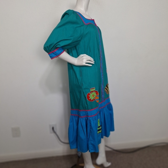 Vintage Southern Image Teal Blue Embroidered Embellished Art To Wear Dress L - Picture 7 of 15